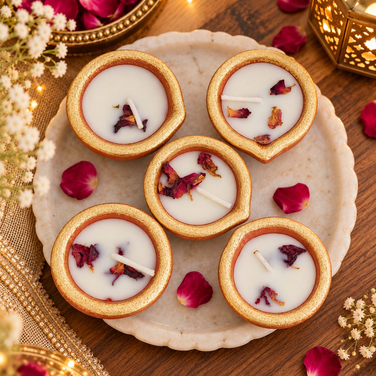 Golden Border Terracotta Rose Petal Diya Candles – Set of 6