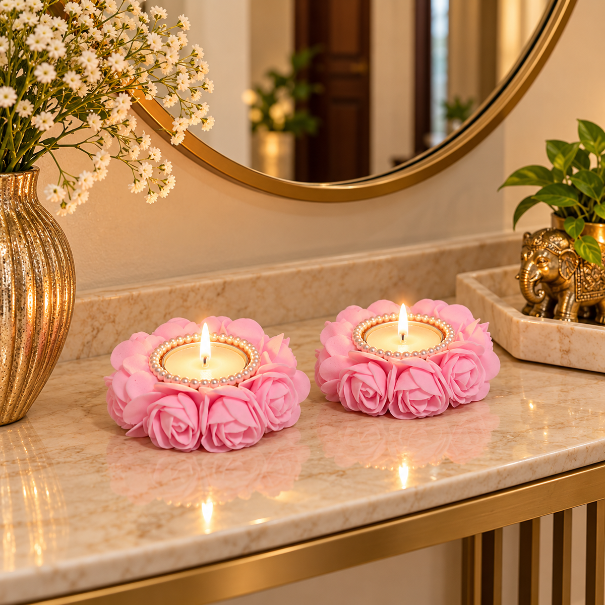 Pink Floral Tealight Candle Holder with Pearl Detailing - set of 2