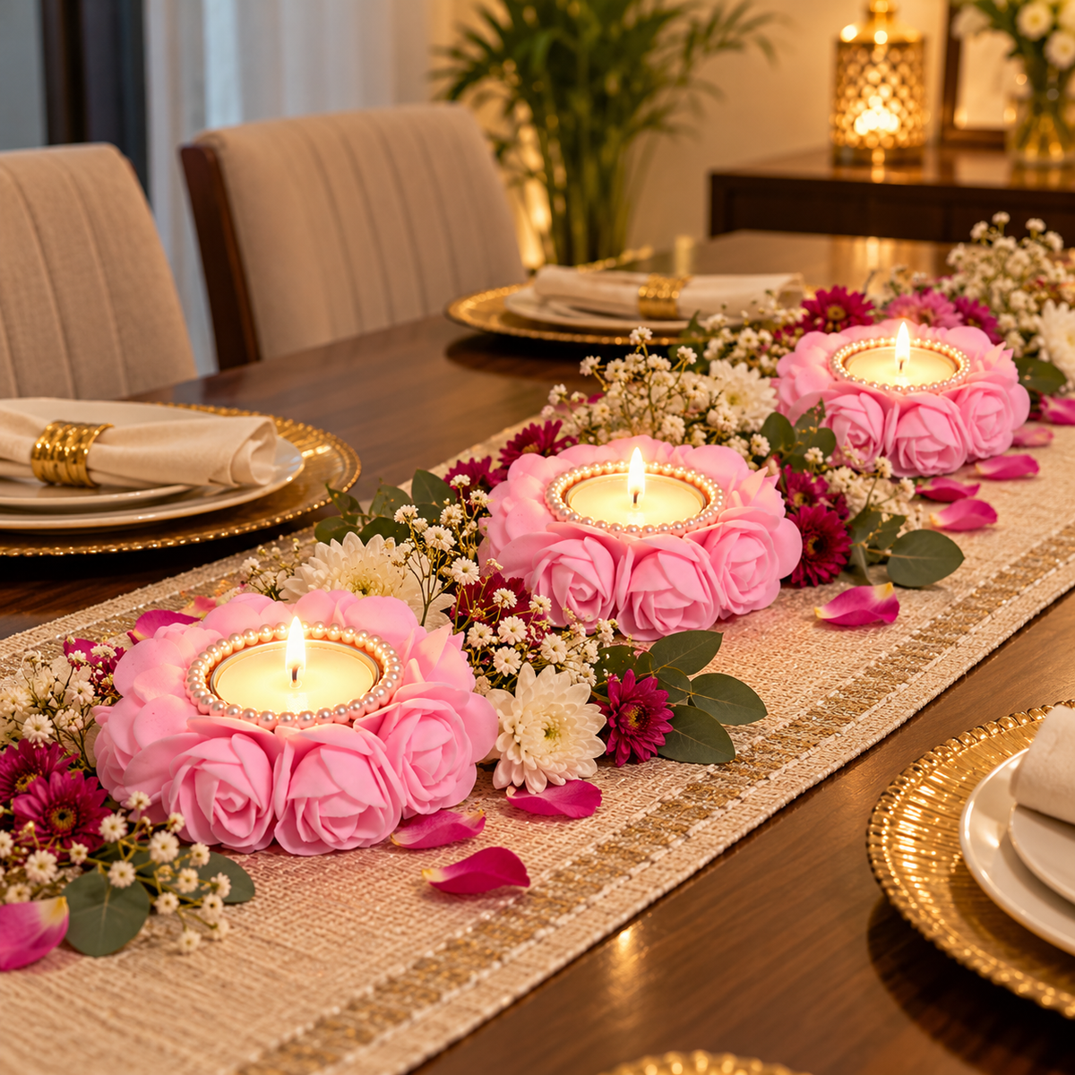 Pink Floral Tealight Candle Holder with Pearl Detailing - set of 2