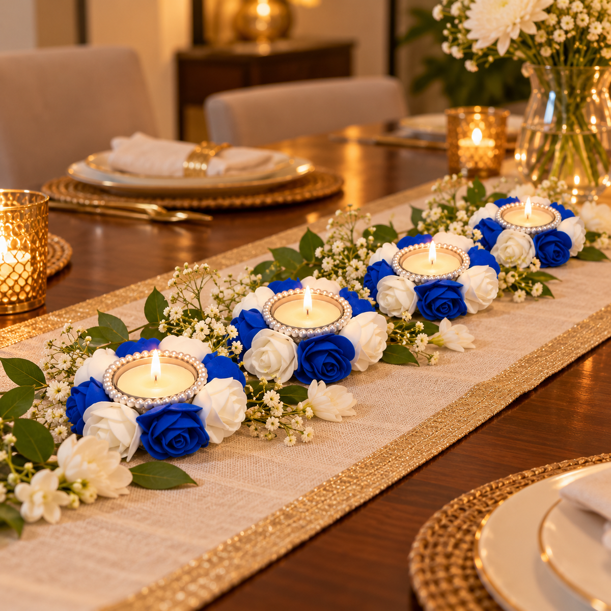 Blue & White Floral Tealight Candle Holders - set of 2