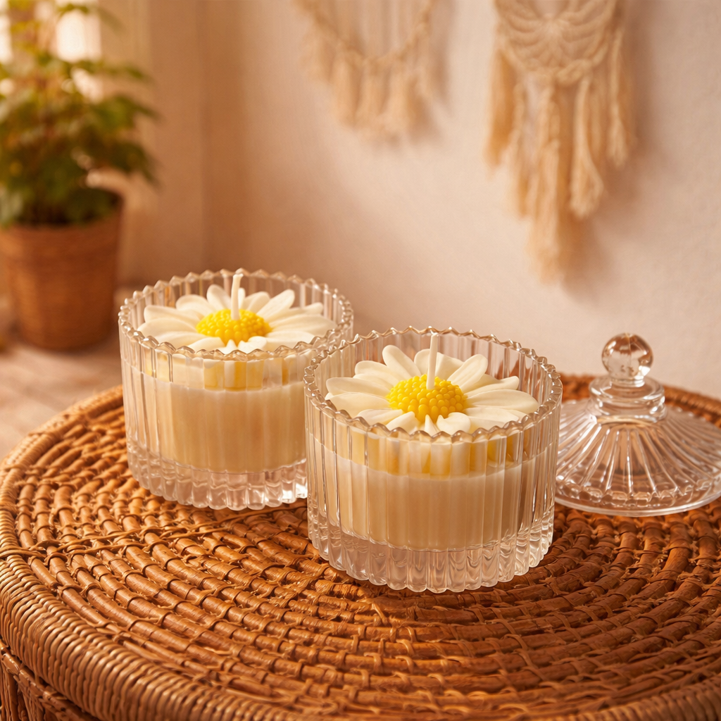 Soft Bloom Daisy Soy Wax Candle | Jasmine Mogra Fragrance