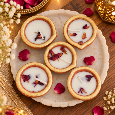 Golden Border Terracotta Rose Petal Diya Candles – Set of 6