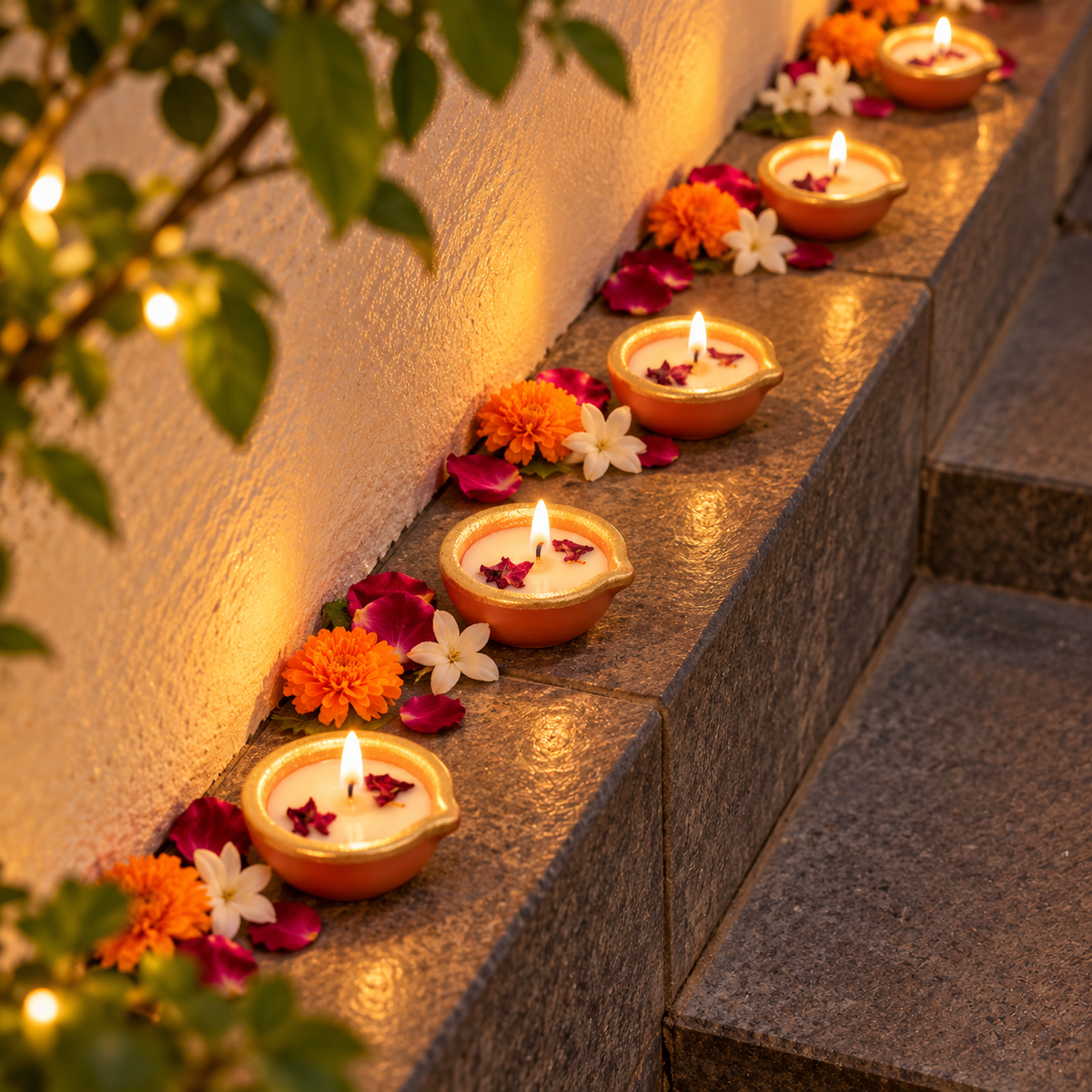 Golden Border Terracotta Rose Petal Diya Candles – Set of 6