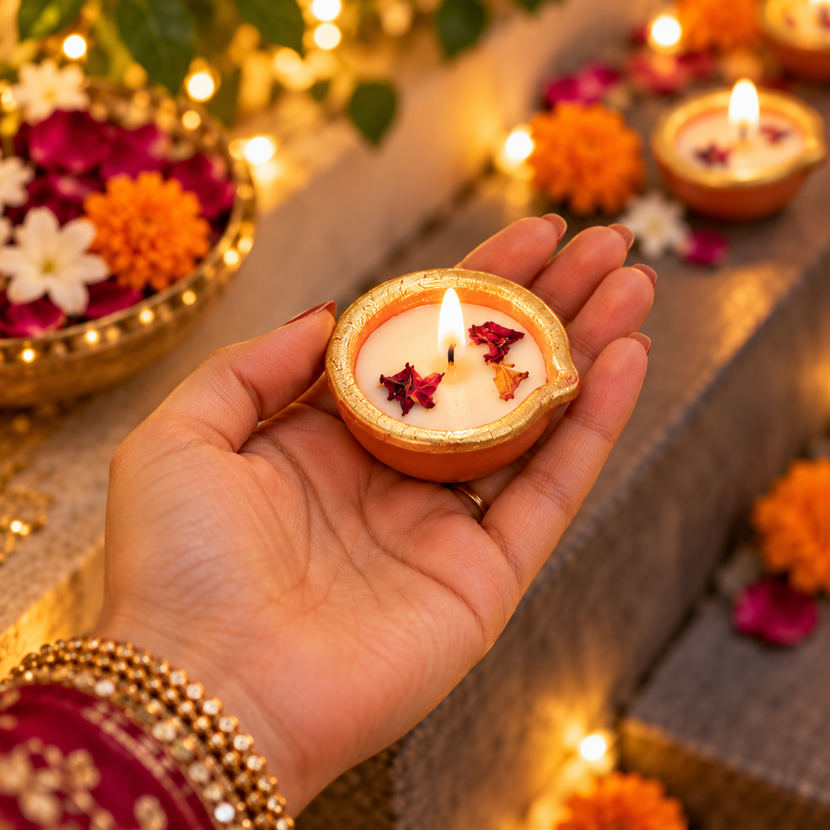 Golden Border Terracotta Rose Petal Diya Candles – Set of 6