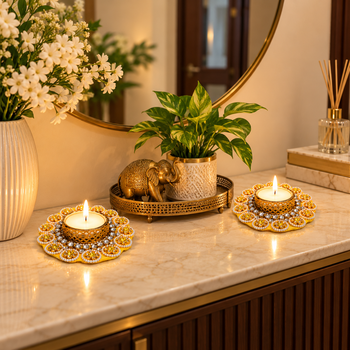 Yellow and Golden Tealight Holder for Diwali & Festive Home Decor - set of 2