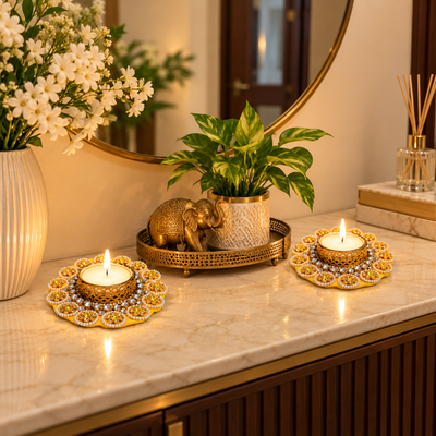 Yellow and Golden Tealight Holder for Diwali & Festive Home Decor - set of 2