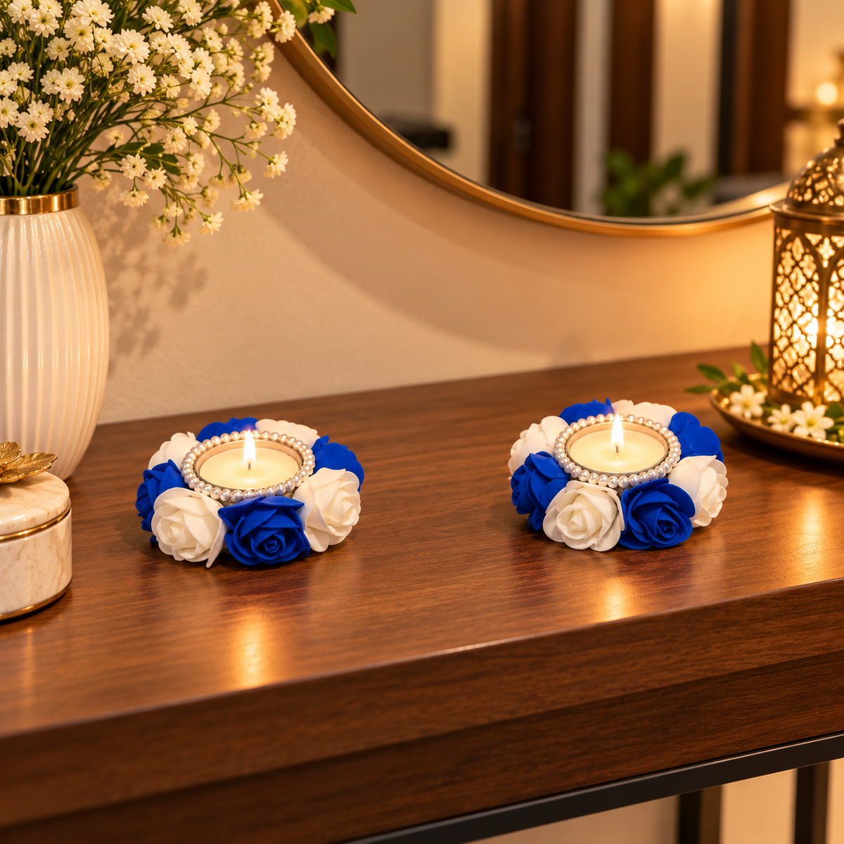 Blue & White Floral Tealight Candle Holders - set of 2