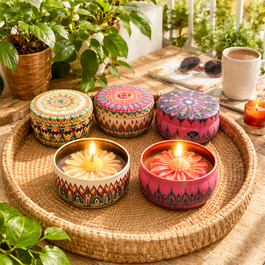 Floral Mandala Soy Wax Candle | Premium Tin Jar