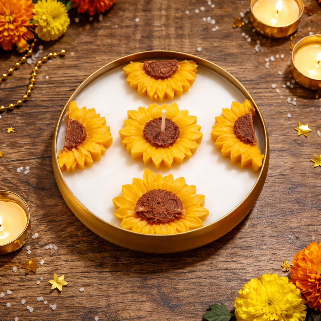 Round Sunflower Urli Soy Wax Candle | Premium Fragrance